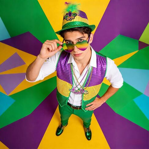 6pcs Carnival Costumes for Men, Happy Fat Tuesday Purple Yellow Green Hat Vest Sunglasses Beads Necklaces for Parade in Saudi Arabia