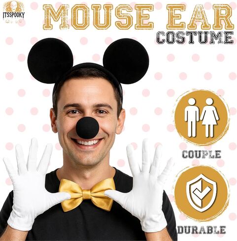 Men's Classic Mouse Costume Accessory Kit, Black Ears Headband, Sponge Nose, Gold Bow Tie and White Gloves Costume Set for Adult Halloween Theme Party Cosplay Birthday Parties in Saudi Arabia