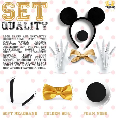 Men's Classic Mouse Costume Accessory Kit, Black Ears Headband, Sponge Nose, Gold Bow Tie and White Gloves Costume Set for Adult Halloween Theme Party Cosplay Birthday Parties in Saudi Arabia