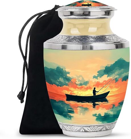 Fishing Handmade Urn for Friends - Golden Large Urn for Ashes Adult Male - Sunset Clouds Water Boat Decorative Urns for Funeral - Memorial Cremation Urns for Boy & Girl - (10 Inch) in Saudi Arabia