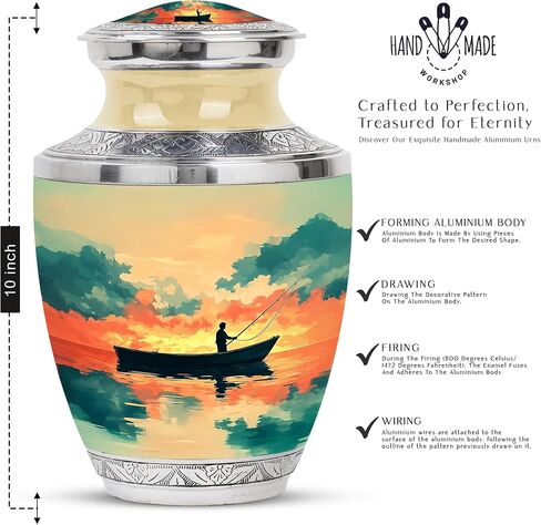 Fishing Handmade Urn for Friends - Golden Large Urn for Ashes Adult Male - Sunset Clouds Water Boat Decorative Urns for Funeral - Memorial Cremation Urns for Boy & Girl - (10 Inch) in Saudi Arabia