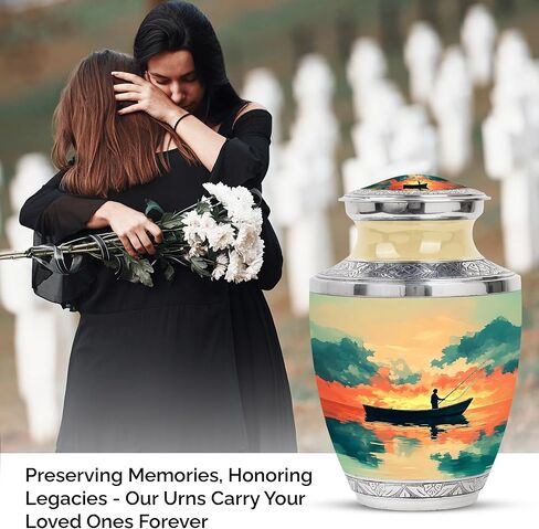 Fishing Handmade Urn for Friends - Golden Large Urn for Ashes Adult Male - Sunset Clouds Water Boat Decorative Urns for Funeral - Memorial Cremation Urns for Boy & Girl - (10 Inch) in Saudi Arabia