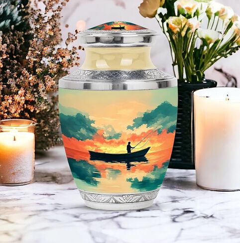 Fishing Handmade Urn for Friends - Golden Large Urn for Ashes Adult Male - Sunset Clouds Water Boat Decorative Urns for Funeral - Memorial Cremation Urns for Boy & Girl - (10 Inch) in Saudi Arabia