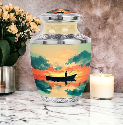 Fishing Handmade Urn for Friends - Golden Large Urn for Ashes Adult Male - Sunset Clouds Water Boat Decorative Urns for Funeral - Memorial Cremation Urns for Boy & Girl - (10 Inch) in Saudi Arabia