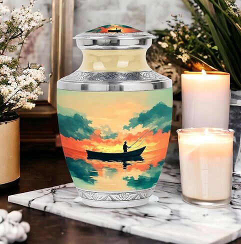 Fishing Handmade Urn for Friends - Golden Large Urn for Ashes Adult Male - Sunset Clouds Water Boat Decorative Urns for Funeral - Memorial Cremation Urns for Boy & Girl - (10 Inch) in Saudi Arabia