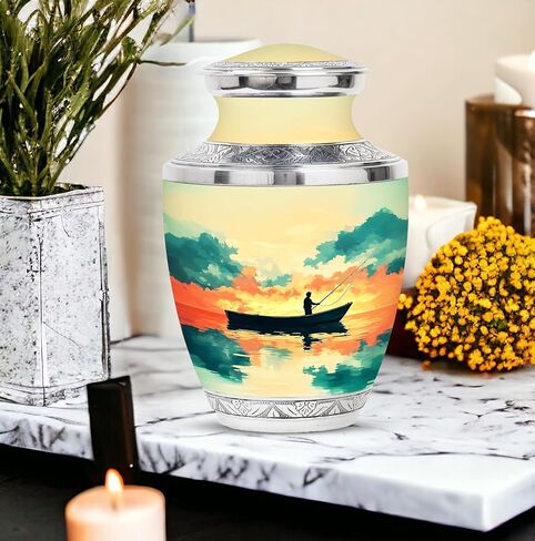 Fishing Handmade Urn for Friends - Golden Large Urn for Ashes Adult Male - Sunset Clouds Water Boat Decorative Urns for Funeral - Memorial Cremation Urns for Boy & Girl - (10 Inch) in Saudi Arabia