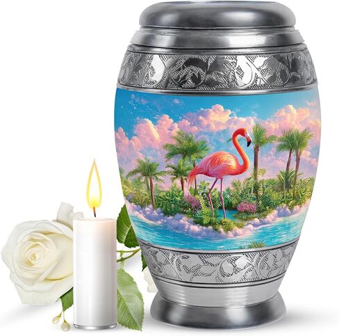 Pink Flamingo Memorial Large Urn for Ashes Adult Male, Blue Urns for Human Ashes, Tropical Landscape & Palm Trees Decorative Urns for Couple, Cremation Urn for Mother & Father, (10 Inch) in Saudi Arabia