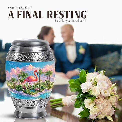Pink Flamingo Memorial Large Urn for Ashes Adult Male, Blue Urns for Human Ashes, Tropical Landscape & Palm Trees Decorative Urns for Couple, Cremation Urn for Mother & Father, (10 Inch) in Saudi Arabia