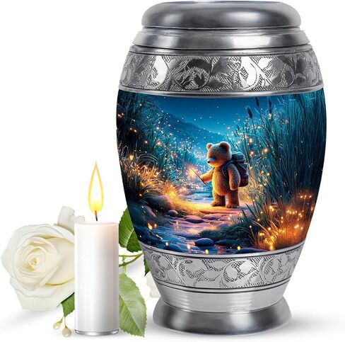 Teddy Bear Memorial Urn for Daughter - Dark Blue Large Urn for Ashes Adult Male Female - Butterfly & Fireflies Forest Decorative Urns for Son - Flowers Funeral Urns for Men - (10 Inch) in Saudi Arabia