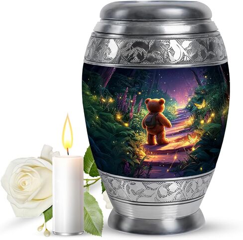 Teddy Bear Memorial Urn for Daughter - Dark Blue Large Urn for Ashes Adult Male Female - Butterfly & Fireflies Forest Decorative Urns for Son - Flowers Funeral Urns for Men - (10 Inch) in Kuwait