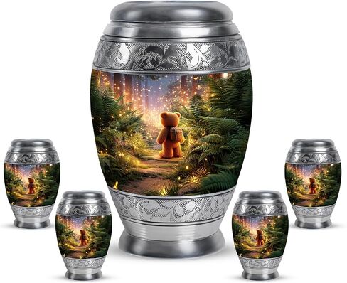 Teddy Bear Memorial Urn for Daughter - Dark Blue Large Urn for Ashes Adult Male Female - Butterfly & Fireflies Forest Decorative Urns for Son - Flowers Funeral Urns for Men - (10 Inch) in Kuwait