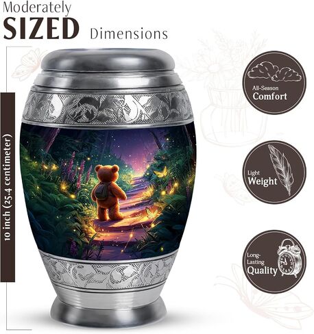 Teddy Bear Memorial Urn for Daughter - Dark Blue Large Urn for Ashes Adult Male Female - Butterfly & Fireflies Forest Decorative Urns for Son - Flowers Funeral Urns for Men - (10 Inch) in Kuwait