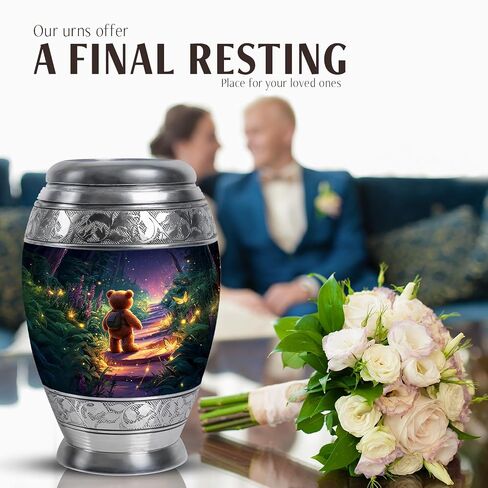 Teddy Bear Memorial Urn for Daughter - Dark Blue Large Urn for Ashes Adult Male Female - Butterfly & Fireflies Forest Decorative Urns for Son - Flowers Funeral Urns for Men - (10 Inch) in Kuwait