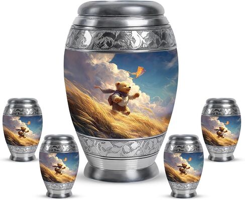 Teddy Bear Memorial Urn for Daughter - Dark Blue Large Urn for Ashes Adult Male Female - Butterfly & Fireflies Forest Decorative Urns for Son - Flowers Funeral Urns for Men - (10 Inch) in Kuwait