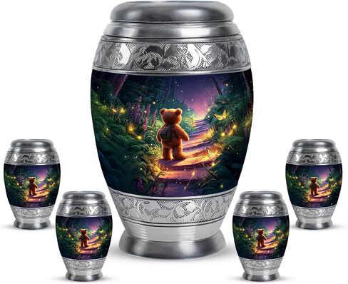 Teddy Bear Memorial Urn for Daughter - Dark Blue Large Urn for Ashes Adult Male Female - Butterfly & Fireflies Forest Decorative Urns for Son - Flowers Funeral Urns for Men - (10 Inch) in Kuwait