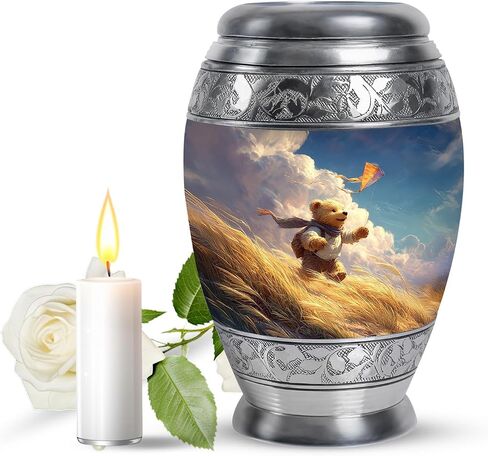 Teddy Bear Memorial Urn for Daughter - Dark Blue Large Urn for Ashes Adult Male Female - Butterfly & Fireflies Forest Decorative Urns for Son - Flowers Funeral Urns for Men - (10 Inch) in Kuwait