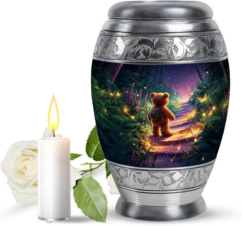Teddy Bear Memorial Urn for Daughter - Dark Blue Large Urn for Ashes Adult Male Female - Butterfly & Fireflies Forest Decorative Urns for Son - Flowers Funeral Urns for Men - (10 Inch) in Kuwait