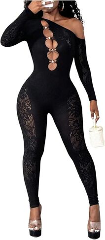 SHENHE Women's Sexy Jumpsuit Mesh One Shoulder Hollow Out Long Sleeve Sheer Rave Jumpsuit Clubwear in Kuwait
