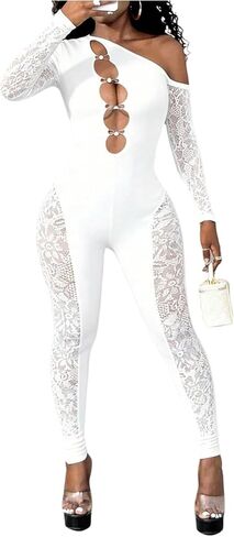 SHENHE Women's Sexy Jumpsuit Mesh One Shoulder Hollow Out Long Sleeve Sheer Rave Jumpsuit Clubwear in Kuwait