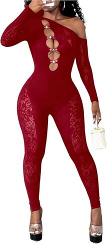SHENHE Women's Sexy Jumpsuit Mesh One Shoulder Hollow Out Long Sleeve Sheer Rave Jumpsuit Clubwear in Kuwait