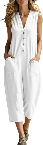 Women's Capri Jumpsuit V-Neck Sleeveless Button Front Capris Romper with Pocket Dressy Casual Summer Overalls in Saudi Arabia