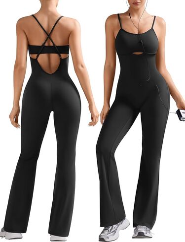 OLCHEE Womens Workout Flare Jumpsuits One Piece Backless Criss Cross Adjustable Straps Gym Yoga Rompers Removable Padded in Saudi Arabia