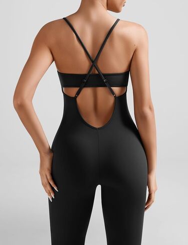 OLCHEE Womens Workout Flare Jumpsuits One Piece Backless Criss Cross Adjustable Straps Gym Yoga Rompers Removable Padded in Saudi Arabia
