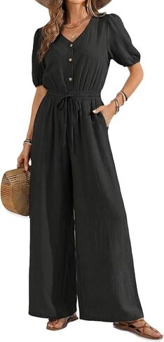 YOINS Jumpsuits for Women Dressy Elegant Short Sleeve Wide Leg 100% Cotton Summer Romper Classy Casual Outfits with Pockets in Saudi Arabia