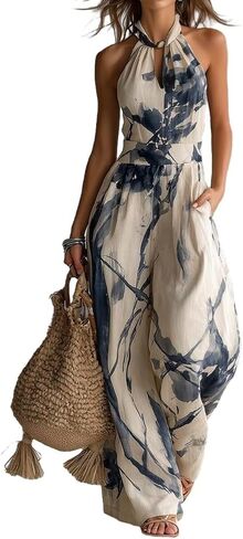Women Sexy Jumpsuits Halter Neck Backless Ink Printed Sleeveless Wide Leg Jumpsuits Vacation Outfits in Saudi Arabia