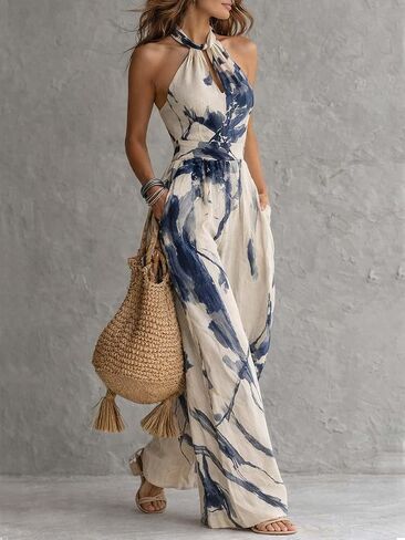 Women Sexy Jumpsuits Halter Neck Backless Ink Printed Sleeveless Wide Leg Jumpsuits Vacation Outfits in Saudi Arabia