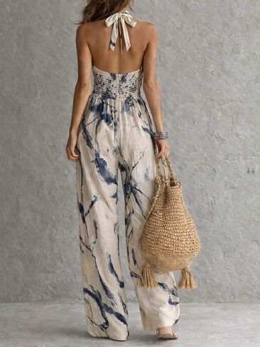 Women Sexy Jumpsuits Halter Neck Backless Ink Printed Sleeveless Wide Leg Jumpsuits Vacation Outfits in Saudi Arabia