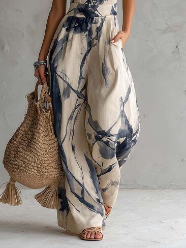 Women Sexy Jumpsuits Halter Neck Backless Ink Printed Sleeveless Wide Leg Jumpsuits Vacation Outfits in Saudi Arabia