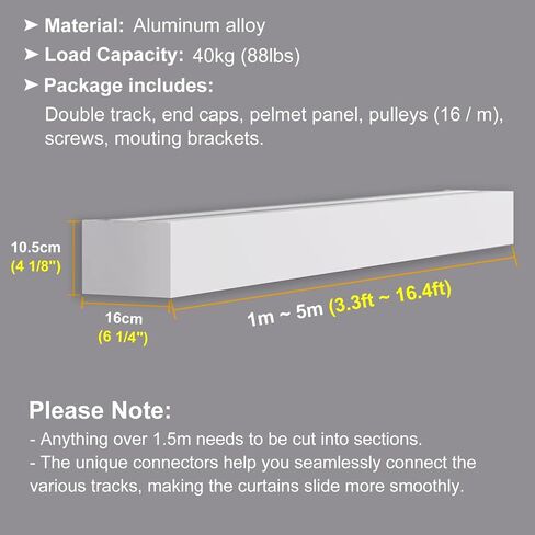 Aluminum Alloy Curtain Tracks,Premium White Aluminum Alloy Double Curtain Tracks with Silent Rollers - 5m (16.4ft) Wall/Ceiling Mount Curtain Rail System for Bedroom, Living Room & Smooth Op in Kuwait