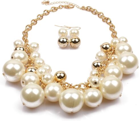 Elegant White And Golden Pearl Cluster Statement Chunky Necklace and Earrings Set for Women, Fashion Jewelry set, Elegant Bridal, Evening Wear in Kuwait