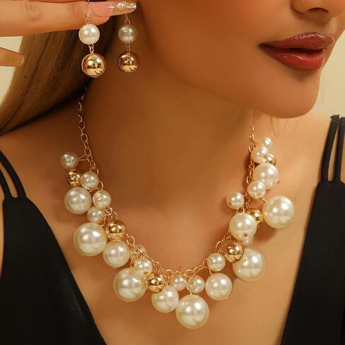 Elegant White And Golden Pearl Cluster Statement Chunky Necklace and Earrings Set for Women, Fashion Jewelry set, Elegant Bridal, Evening Wear in Kuwait