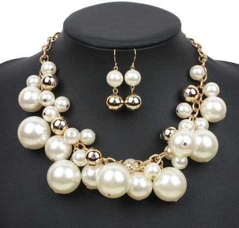 Elegant White And Golden Pearl Cluster Statement Chunky Necklace and Earrings Set for Women, Fashion Jewelry set, Elegant Bridal, Evening Wear in Kuwait