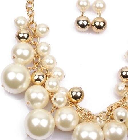 Elegant White And Golden Pearl Cluster Statement Chunky Necklace and Earrings Set for Women, Fashion Jewelry set, Elegant Bridal, Evening Wear in Kuwait