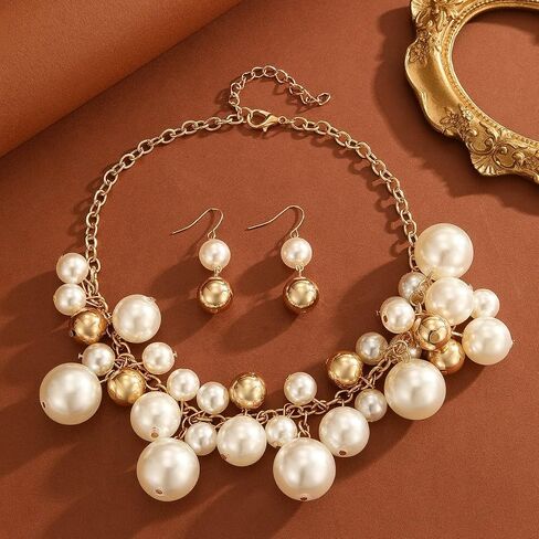 Elegant White And Golden Pearl Cluster Statement Chunky Necklace and Earrings Set for Women, Fashion Jewelry set, Elegant Bridal, Evening Wear in Kuwait