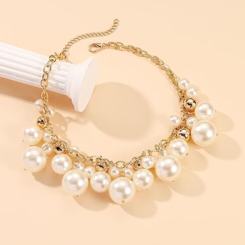 Elegant White And Golden Pearl Cluster Statement Chunky Necklace and Earrings Set for Women, Fashion Jewelry set, Elegant Bridal, Evening Wear in Kuwait