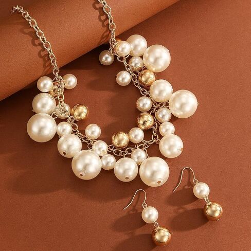 Elegant White And Golden Pearl Cluster Statement Chunky Necklace and Earrings Set for Women, Fashion Jewelry set, Elegant Bridal, Evening Wear in Kuwait