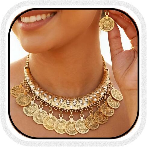 Yean Boho Vintage Jewelry Set Gold Sequins Egyptian Necklace and Earrings Set for Women in Saudi Arabia