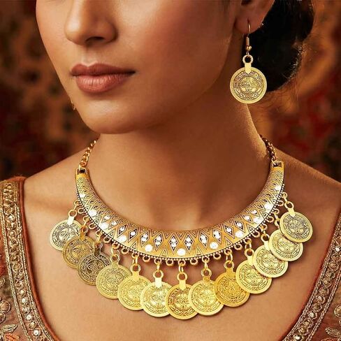 Yean Boho Vintage Jewelry Set Gold Sequins Egyptian Necklace and Earrings Set for Women in Saudi Arabia