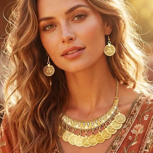 Yean Boho Vintage Jewelry Set Gold Sequins Egyptian Necklace and Earrings Set for Women in Saudi Arabia