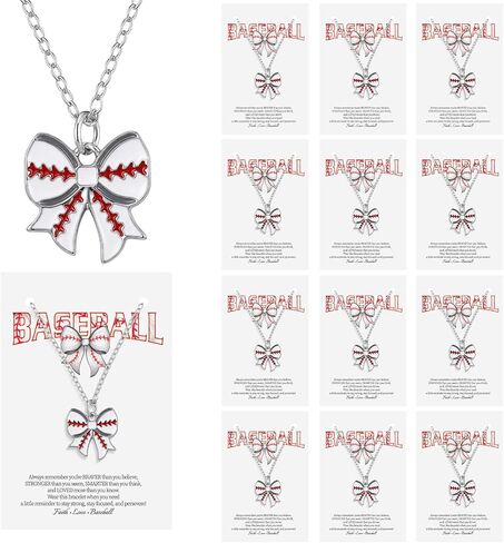 12 Set Baseball/softball Bow Gifts for Team Women Baseballs Bow Necklace with Card Sports Jewelry Sports Team Lovers Cheerleaders Players Gifts in Kuwait