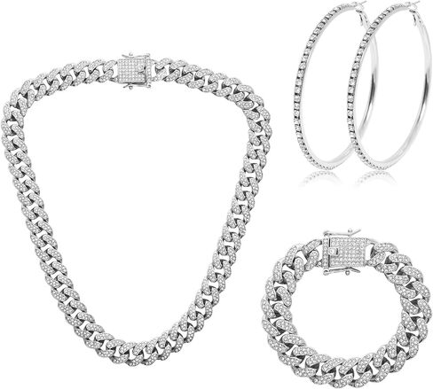 3 Pcs Cuban Link Tennis Chain Necklace Bracelet Rhinestone Hoop Earrings Sliver Choker Necklace Crystal Link Bracelet Crystal Earrings for Women Wedding Jewelry Accessories in Saudi Arabia