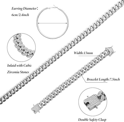 3 Pcs Cuban Link Tennis Chain Necklace Bracelet Rhinestone Hoop Earrings Sliver Choker Necklace Crystal Link Bracelet Crystal Earrings for Women Wedding Jewelry Accessories in Saudi Arabia