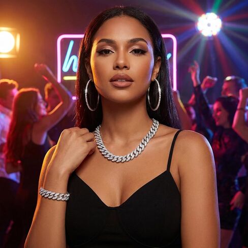 3 Pcs Cuban Link Tennis Chain Necklace Bracelet Rhinestone Hoop Earrings Sliver Choker Necklace Crystal Link Bracelet Crystal Earrings for Women Wedding Jewelry Accessories in Saudi Arabia