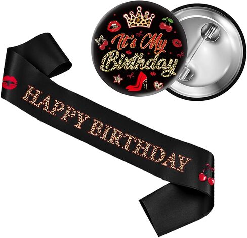 Cheetah Print Birthday Decorations Girl - 2 Pcs Red Black Leopard Print Sash Matching Style Badge for Girls Women 16th 18th 21st 25th 30th 40th Safari Theme Birthday Accessories Gift in Saudi Arabia