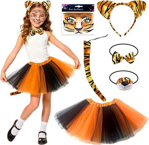 6 Pcs Tiger Costume Set for Girls and Kid Tiger Headband Tail Nose Bow Tie Tutus Skirt Face Sticker Fun Animal Costumes Fancy Dress for Halloween Cosplay Party in Saudi Arabia