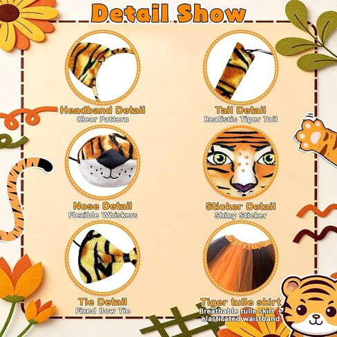 6 Pcs Tiger Costume Set for Girls and Kid Tiger Headband Tail Nose Bow Tie Tutus Skirt Face Sticker Fun Animal Costumes Fancy Dress for Halloween Cosplay Party in Saudi Arabia